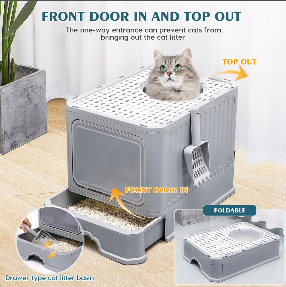 Large Foldable Anti-Splashing Enclosed Cat Drawer Litter Box